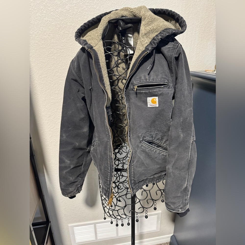 Carhartt WJ141 BLK Women's Size Small Duck Canvas Hooded Sherpa Jacket Black
